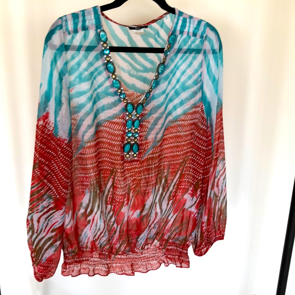 Beautiful Animal Print Beaded Blouse. Large
